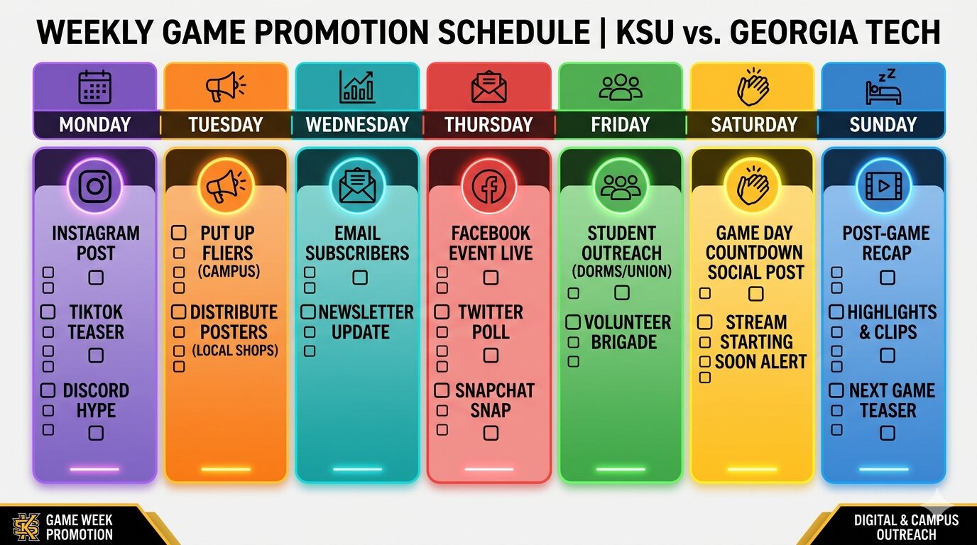 Weekly content schedule for promoting upcoming livestream games