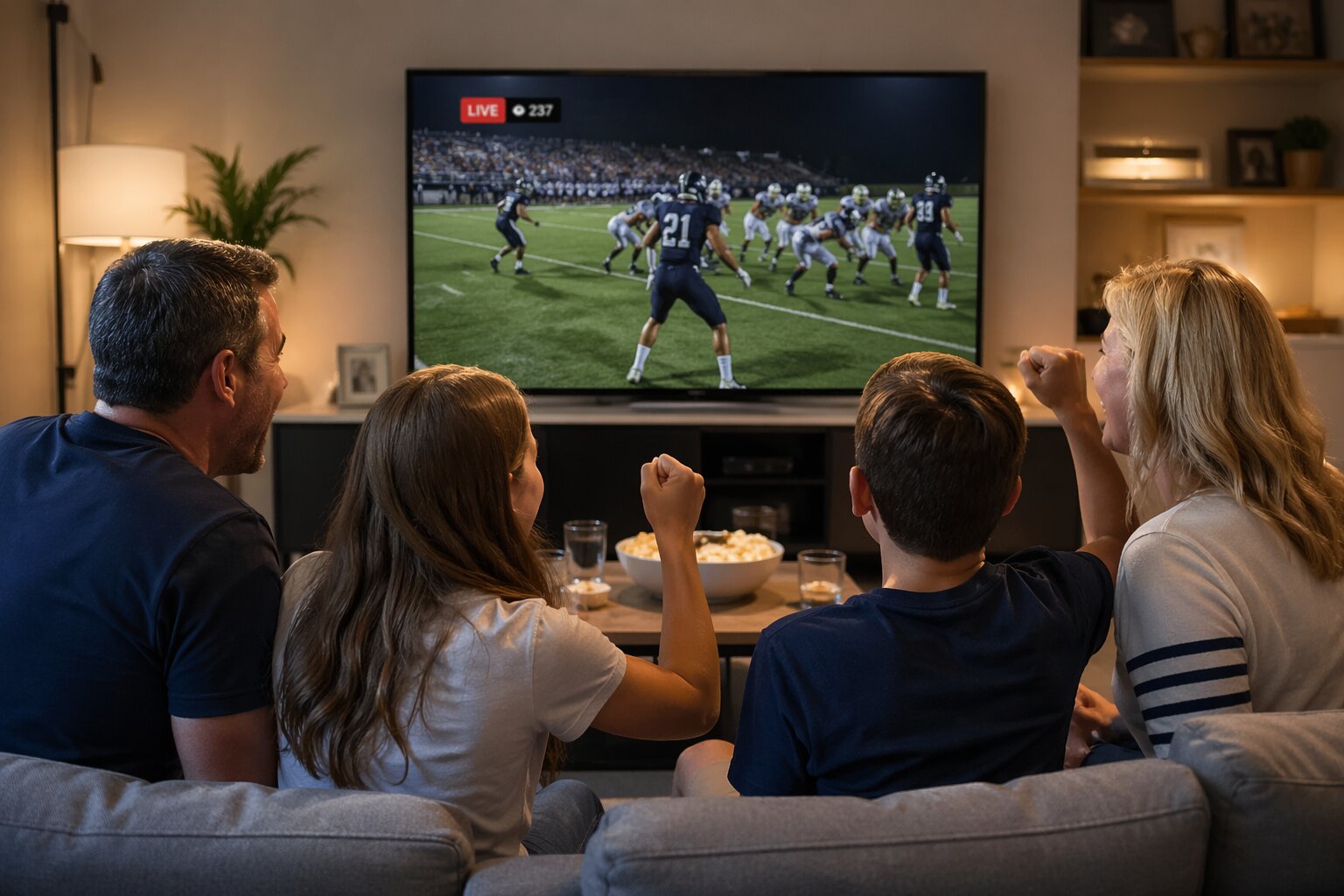 Family watching a high school game livestream on a laptop