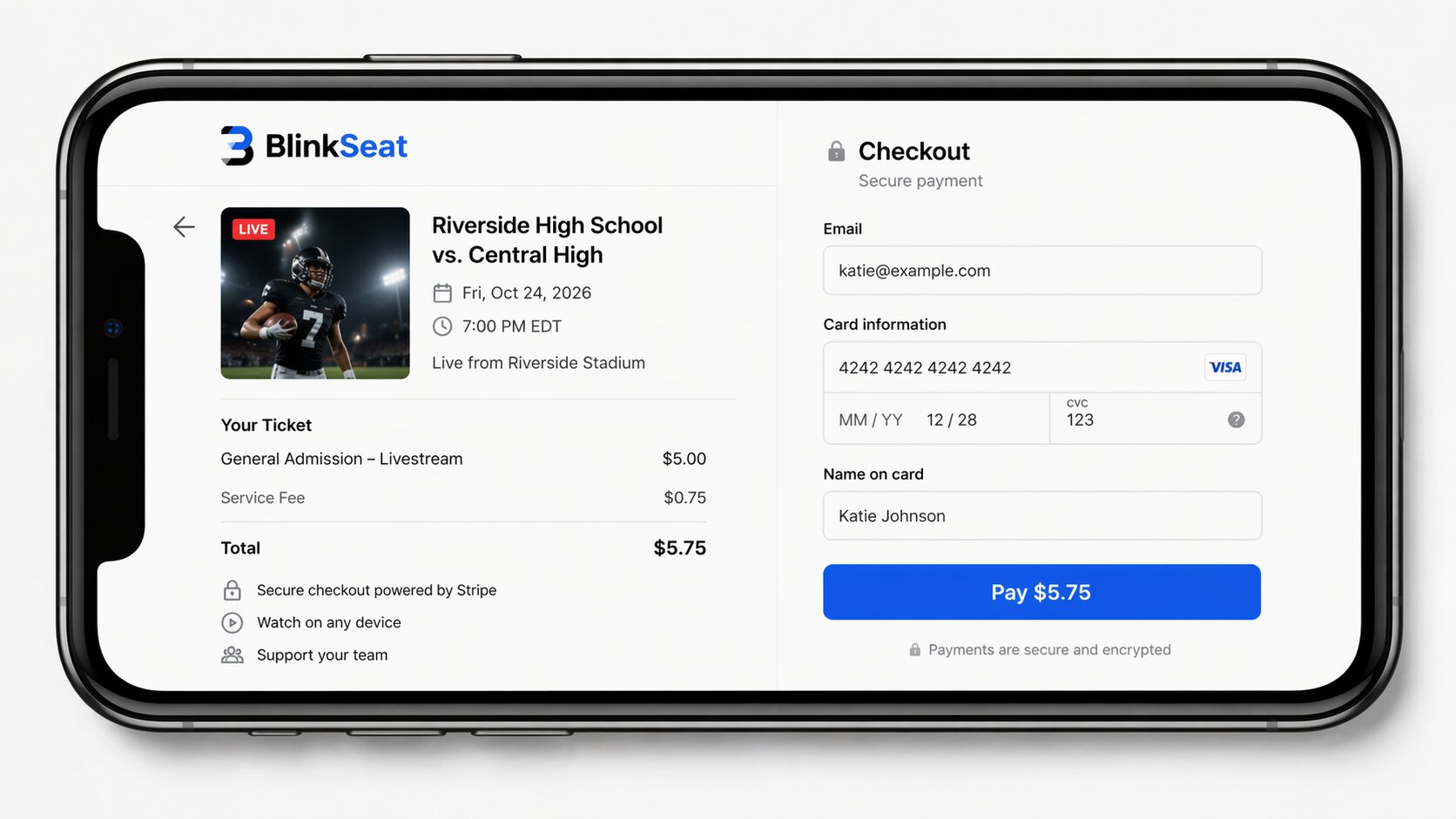 Mobile checkout screen for buying a livestream ticket